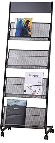 ZIMGOD Prospektständer Rollender Zeitschriftenhalter mit 4 Netztaschen, L-förmiger Prospektständer Robust und Verschleißfest, Platzsparende Menüaufbewahrungsständer (Color : Black)