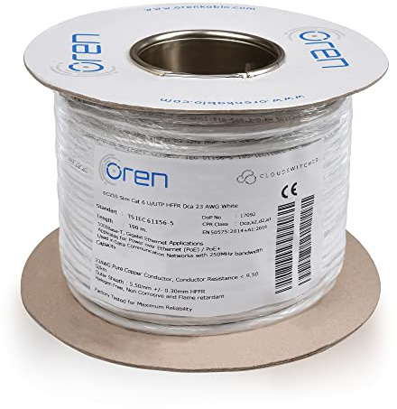 Oren CAT6 100m Ethernet Cable White - Slim - 23 AWG Pure Copper Wire - 250 MHz Bandwidth UTP Internet LAN Network Cable - Halogen Free, Non-Corrosive - Gigabit High Speed Ethernet Cable