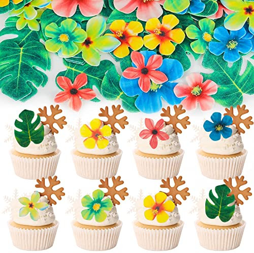 Gyufise 83Pcs Edible Tropical Palm Leaves Flowers Cupcake Toppers Palm Leaf Mini Flowers Cupcake Picks Hawaii Theme Cake Decorations for Jungle Summer Party Supplies