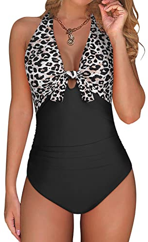 UMIPUBO Costume da Bagno Intero Donna Push Up a Vita Alta Costumi da Mare Interi Sexy Scollo V Swimsuit Un Pezzo Controllo della Pancia Spiaggia Beachwear Imbottito Halter Swimwear (Leopardato, L)