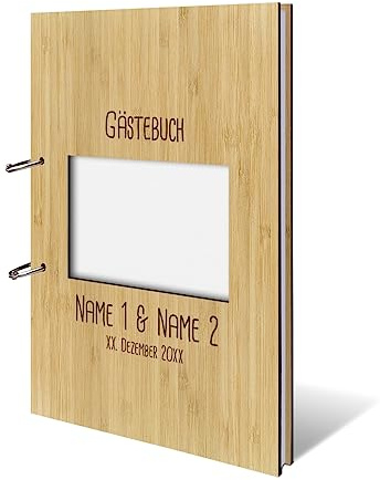 Personalisiertes Hochzeit Gästebuch echtes Holz DIN A4 mit Platz für Foto auf der ersten Seite - Rechteck - mit 72 Blatt / 144 Seiten Naturpapier Weiß