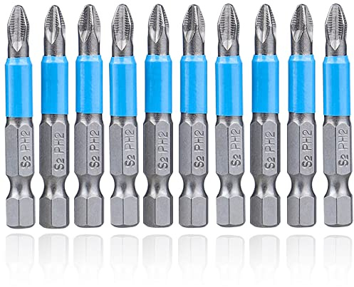 Mesee PH2 Punte Cacciavite Magnetiche in acciaio S2, 10pz Puntes Cacciavite a Croce Antiscivolo con Asta Esagonale da 6,35 mm 50mm Punte per Cacciaviti Elettrici Manuali