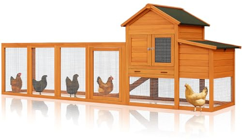 122 Large Chicken Coop Wooden Backyard Hen House - Indoor Outdoor Poultry Pet Hutch Garden Backyard Cage 2 Story Poultry Cage with Run, Chicken Nesting Box, Pull Out Trays and Anti-Slip Asphalt Ramp