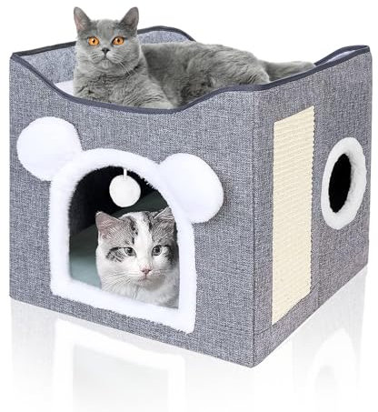 Faltbares Katzenhaus KatzenhöhleIndoor, schönHaus für Katzen mit Terrasse, Katzenhöhle 2 Schicht, mit Kratzbrett und Spielball, katzenbett für 2 Katzen, 42 x 40 x 39 cm, Grau