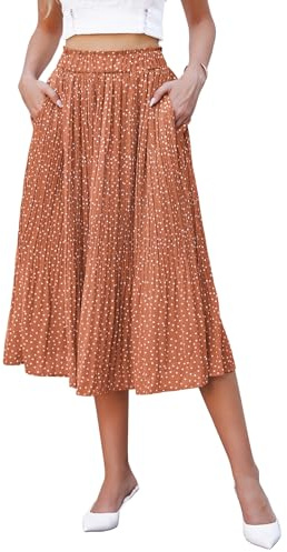 Hotouch Damen Plisseerock Lang Polka Dot Chiffon Rock Sommer Elastische Taille Midirock Fließenden Elegant Maxirock mit Taschen Ziegelrot Größe S