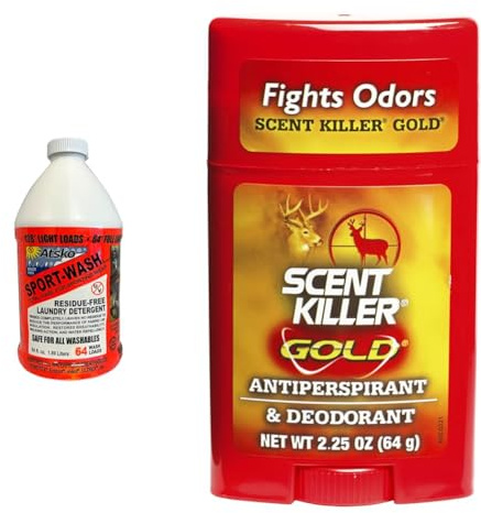 Atsko Sno-Seal SPORT WASH LAUNDRY DETERGENT, Liquid, 64 fl oz, Unscented & Scent Killer Gold Unscented Deodorant and Antiperspirant for Hunting Scent Control