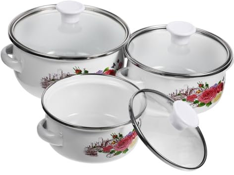 Mikinona Set 3 Pentole Smaltate da Cucina, Mini Pentole per Zuppa Doppio Manico e Coperchio, Piccole Padelle Impilabili per Latte, Noodles e Salse, Utensili da Cucina per Uso Quotidiano