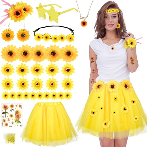 Sonnenblumen Kostüm Damen, 25 Stück Künstliche Sonnenblumen, Gelb Tüllrock, Sonnenblumen Haarschmuck, Sonnenblumen Ohrringe, Halsketten, Blumen Kostüm Damen für Karneval Halloween Fasching Mottoparty