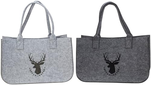 Geschenkestadl 2 Stück Filztaschen Hirschmotiv 45cm grau Einkaufstasche Shopper Aufbewahrungstasche