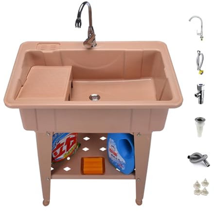 Outdoorküche Waschbecken Spültisch Tragbare Handwaschstation Kunststoff-Waschbecken Ausgussbecken Mobiles Spültisch Spülbecken For Kitchen Restaurant Garage Laundry Room Camping(Pink,80x56x80cm)
