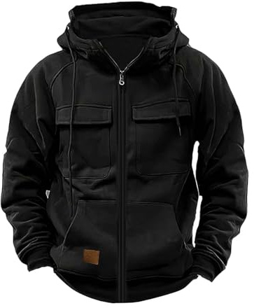 Kapuzenpullover Herren mit Reißverschluss Sweatjacke mit Kapuze Cargo Hoodie mit Brusttaschen Kapuzenjacke Hooded Sweatshirt Hohem Kragen Arbeits-Hoodie Cargo-Kapuzenpulli Lässiger Streetwear