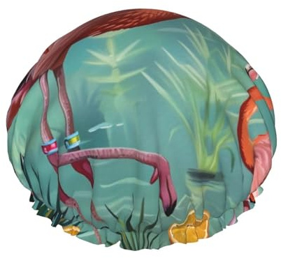 Duschhaube mit Flamingo-Druck, doppellagig, gefüttert, Duschhauben für Damen, wiederverwendbar
