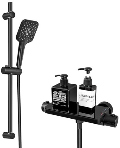 Lonheo Duscharmatur Schwarz mit Thermostat, Duschstange mit Brause und Ablage, Dusche Komplett mit 70cm Brausestange, 3 Strahlarten Handbrause, 150cm Brauseschlauch, Duschsystem für Badewannen