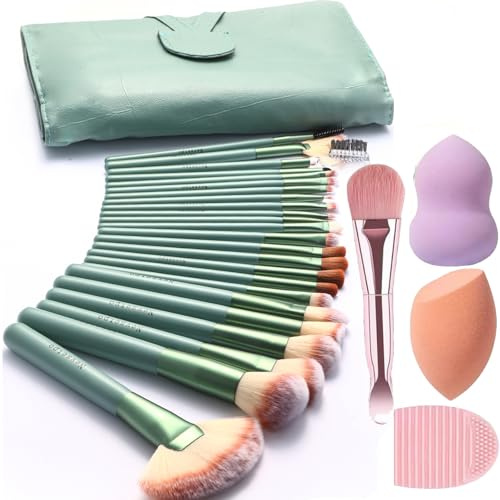NEVSETPO Makeup Brushes, Quality Make Up Brushes 28Pcs Makeup Brushes Set Professional & Beginner Make-up Sets & Case, Brushes & Sponges,Travel-Friendly Roll-up Beauty Gift Sets for Women, GREEN