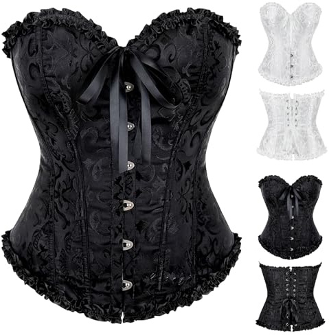 Shyllin Corsetto per Donne, Corpetto Top in Pizzo, Sexy Burlesque Overbust Corsetti Bustino Vintage Gotico Nero,Halloween Carnevale Natale balli feste (IT, Testo, XL, Regular, Regular, Black)