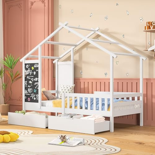 PerGar Kinder Einzelbett 90 x 200 cm mit Tafel, Stauraumschubladen und Sicherheitszaun, massives Blockhausbett, Heimbett mit Rausfallschutz, Kinderbett mit Lattenrost, für Kinderzimmer