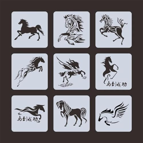 Zeichenschablonen, 9 Stück, 13 x 13 cm, Tiere, Pferd, wiederverwendbare Schablonen für Bastelarbeiten, Ornamente, Malvorlagen, Schablonen für Wandkarten, Steine, Holzschilder, Leinwand, Heimdekoration