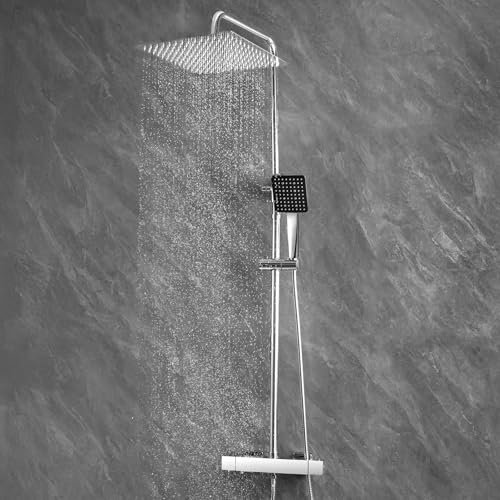 Auralum Colonna Doccia Termostatica Cromo con Miscelatore, Set Completo Doccia a Pioggia 30cm in Acciaio Inox, Asta Regolabile 88-124cm e Doccetta con 6 modalità d'uso
