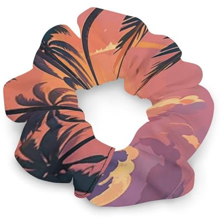 Tropical Beach Palm Tree Sunset Hair Scrunchies for Women No Damage, Soft Elastic Hair Ties with Fashionable Printed Patterns, Satin Scrunchy Hairbands for Ponytail, Bun, Workout & Sleep