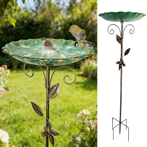 Vogeltränke Stehend, Metall Vintage Vogeltränke Winterfest, Vogelbad Garten Stehend, Wassertränke für Vögel, Futter Vogelbad, Wildvögel Wassertränke mit Erdspieß für Draußen Garten Hof Rasen (B)