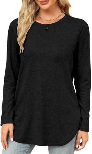 Teesho Damen Tshirt Langarm Longshirt Baumwolle Oberteile Herbst Shirts Elegant Langarmshirt Lose Lang Tops Tunika(schwarz/L)