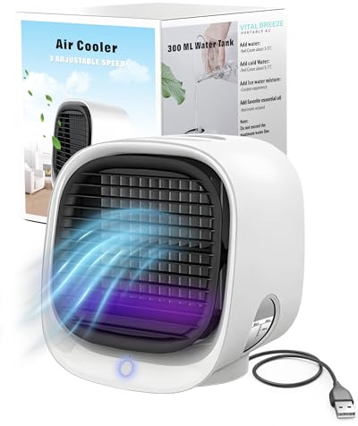 Vital Breeze Portable AC Evaporative Air Cooler Vital Breeze Portable Air Conditioner portable 300 mL Water Tank, < 40 dB Quiet, 3 Fan Speeds, Washable Filter, Color-Cycle Night-Light Bedroom Mini AC