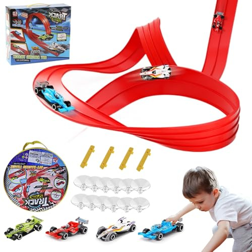 KBIBCK Hastighetssträcka, racerbana, 4M racerbana barn, rullbar racerbana för barn, flexibel racerbana med 12 sugkoppar och 4 bilar, födelsedagspresenter för pojkar och flickor (röd)