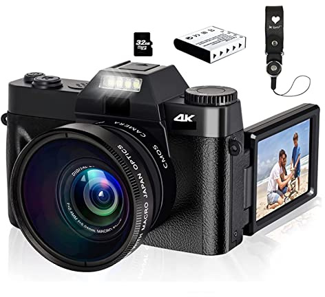 Appareil photo numérique for la photographie 4K caméscope LCD écran rabattable caméra Photo 16X Zoom objectif grand Angle Selfie Webcam Filmer, enregistrer, diffuser(With 32GB TF card,WITH LENS)