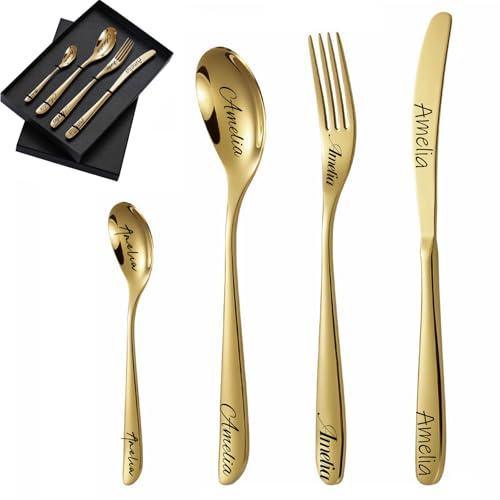 Custom Engraved Cutlery Set, 1 Set of 4 Pieces, Personalised Adult Cutlery Set, Fork, Knife, Spoon and Teaspoon Engraved Stainless Steel Flatware Set