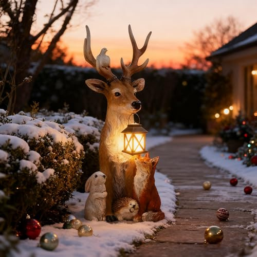 Sunshine smile Weihnachtsdeko Hirsch Mit LED Laterne,Gartenfigur,Gartendeko Figuren,Weihnachtsdeko Aussen,LED Hirsch Tierskulptur
