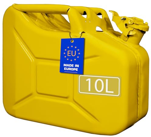 FIXKRAFT Benzinkanister 10L Metall 10 Liter Kanister für Benzin Diesel Kraftstoffkanister mit Entlüftung Reservekanister (Gelb, lackiert)