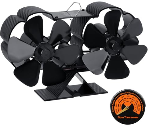 BOLTX Log Burner Fan, Silent Operation Stove Fan,6-Blade Wood Stove Burner Fire Fans Heat Powered,With Log Burner Thermometer,Silent Sit On Top,Fireplace Accessories Tools
