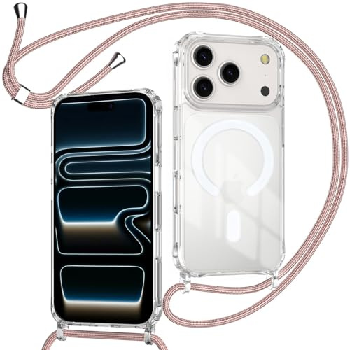 ZYIMOU für iPhone 17 Pro Hülle mit Band Kompatibel mit MagSafe, Transparent Magnetische Handyhülle mit Kordel zum Umhängen Handyband Stossfest Schutzhülle，Kette Rosé Gold