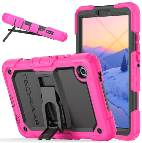 TECHGEAR ArmourShield robust fodral för Samsung Galaxy Tab A11 8,7 tum (SM-X130/SM-X135) - slitstarkt stötsäkert skyddshölje, inbyggt stativ och skärmskydd - skolvänligt, rosa