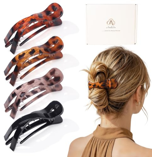 Amlaidu Große Flache Haarspangen für Frauen, Krallenklammern für dicke Haar | Haarspangen mit Starkem Halt für Styling, Autofahren und Den Täglichen Gebrauch | Schwarz, Schildpatt – 4 Stück