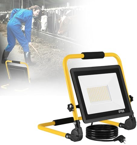 YZNAHRE LED Baustrahler 200W Kaltweiß, LED Fluter mit faltbarem Ständer, 3 m Kabel mit Stecker, IP66 wasserdicht, für Werkstatt, Baustelle & Garage