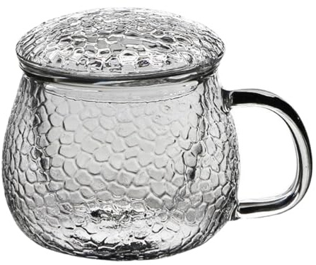 BETOOKY Taza de Té de Vidrio Espesa con Diseño Martillado, Juego de 3 Piezas con Filtro y Tapa, Taza de Agua Multiusos para Oficina, Vaso Decorativo con Infusor para Té Suelto