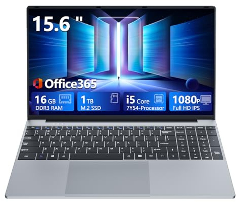 15,6 Pouces Ordinateur Portable, Core i5 7Y54 Processeur 16 Go RAM 1 to SSD, PC Portable Win 11 Office 365 PC Portable 1080 IPS FHD Écran, Laptop avec Clavier Rétroéclairé WIFI5 Mini-HDMI USB3.0