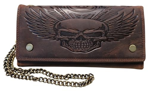 MDM läder biker kort plånbok med kedja, dödskalle vintage design, RFID-skydd, brun, 17 x 9 x 1,5 cm, 12 kortfack, myntfack, BRUN, 10.0 X 12.5 X 2.5 Centimeters, Biker