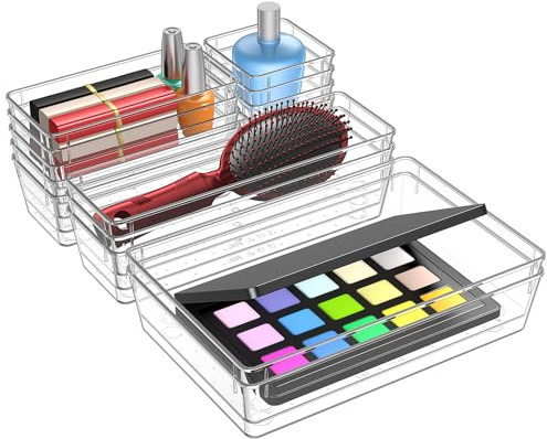 Schubladen Organizer Set 15-teilig, Drawer Organizer mit 4 Größen für Schminktisch & Schublade, transparenter Make-up Organizer für Kosmetik, Büro und Bad