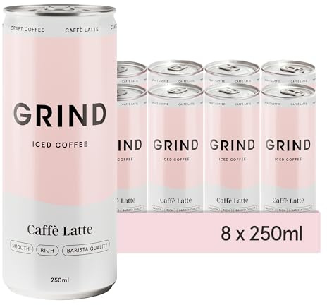 Grind Caffè Latte Iced Coffee Cans – 8x 250 ml – Ready To Drink – 100% Arabica Coffee – Low Calorie – Perfect for Summer Iced Drinks