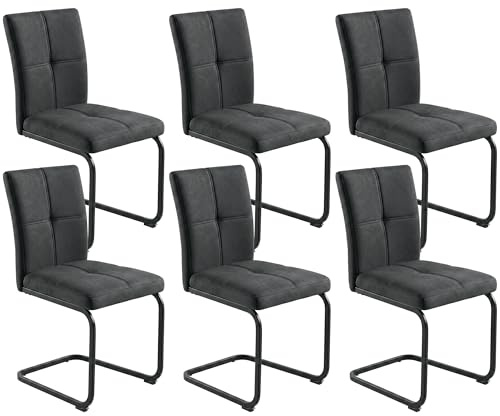 JIEXI Esszimmerstühle 6er Set, gepolsterte Schwingstühle mit hoher Rückenlehne, modern Freischwinger Konferenzstuhl mit Metallgestell, Vintage-Stoffbezug Stuhl für Esszimmer Empfang | Küchenstühle aus strukturiertem Stoff, gepolsterter Sitz und Rückenlehne, gesteppte Nähte, schwarzes Metallgestell