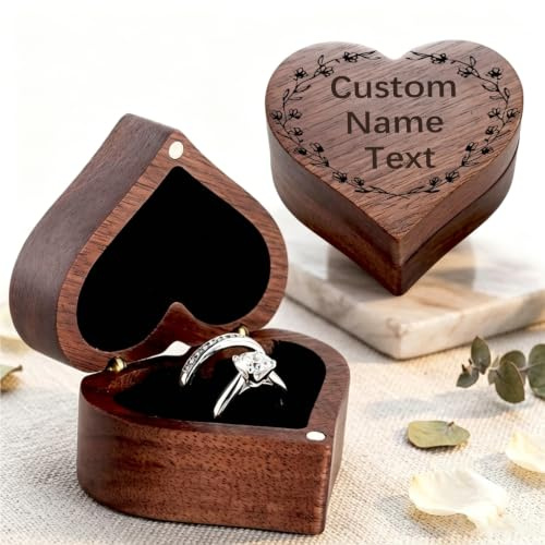 Personalised Wooden Wedding Ring Box Custom Name Date Engraved Ring Bearer Box for Men Women Wedding Day Proposal Ceremony Engagement Gift (Heart-shaped)