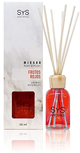 SYS Aromas Ambientador Mikado Frutos Rojos - Difusor con 8 Varillas de Ratán - Larga Duración - Marmol Collection - Ideal para Hogar, Oficina, Baño - 50 ml