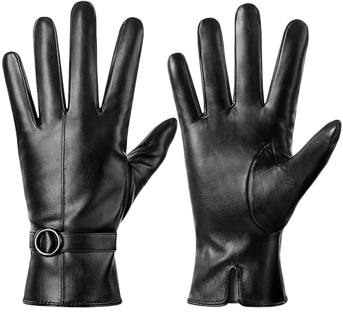 Dsane Damen Winter Lederhandschuhe Touchscreen Texting Warm Fahren Lammfell Handschuhe (Schwarz, XL)