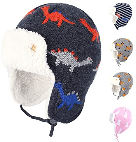 Gajaous Baby Boys Girls Winter Animals Earflap Beanie Hat Kids Infant Dinosaur Fox Pattern Fleece Lining Warm Hat