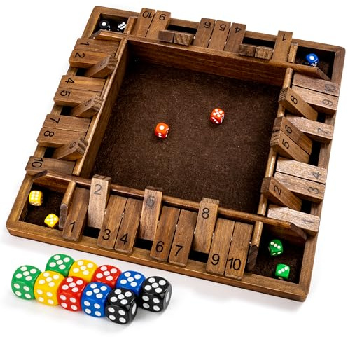 ropoda 14 Inches 4-Way Shut The Box Game (2-4 Players) for Kids & Adults (4 Sided Large Shut The Board Game Wooden, 8 Dice) – Vintage Style,Close The Box Game,dice Game