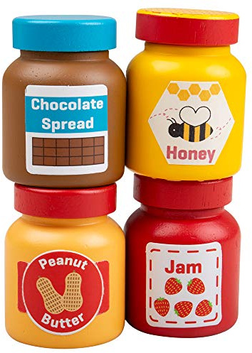 Bigjigs Jouets Pots en Bois et écarts (Chocolat, Miel, Beurre d'arachide et Confiture)