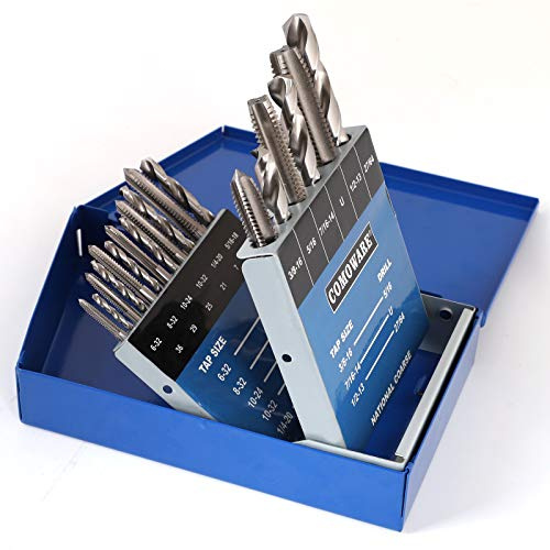 COMOWARE Drill and Tap Sets, HSS Jobber Length Drill Bits with Metal Indexed Case | 18-Piece, 6-32 to 1/2-13 Tap Sizes