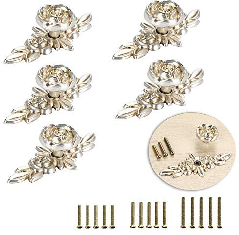 BSTKEY Lot de 5 boutons de tiroir en forme de rose pour placard, armoire, commode avec plaque, boutons de meubles décoratifs pour la maison (100 mm, argent vieilli)